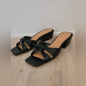 Vince Camuto Black Leather Bow Mule Heels Block Heel Slides |Size 8